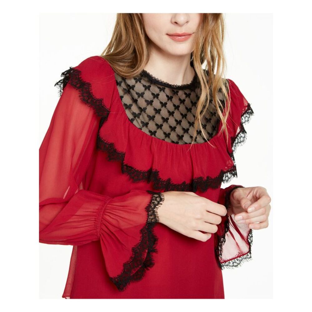 NANETTE LEPORE Womens Red Bell Sleeve Illusion Neckline Blouse XS - Picture 3 of 3